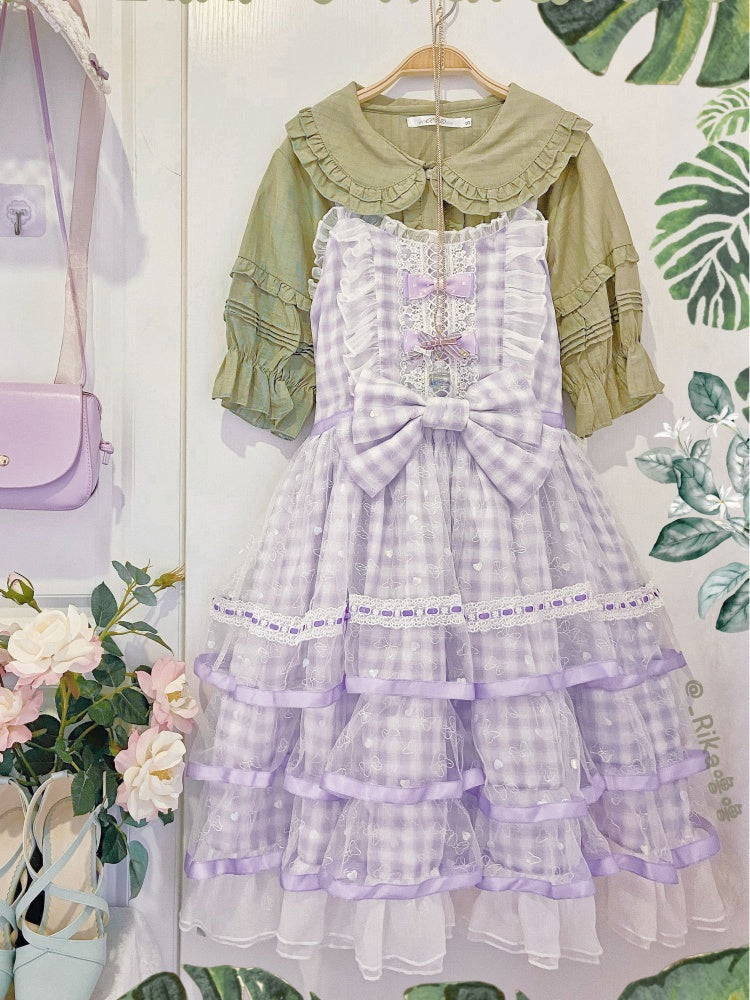 Icing Butterfly Cracker Purple Gingham Tiered Ruffle Hem High Waist JSK