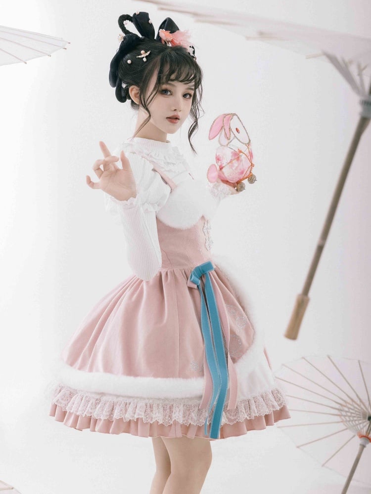 Pink and White Shell and Snowflake Embroidery Winter Jumper Skirt