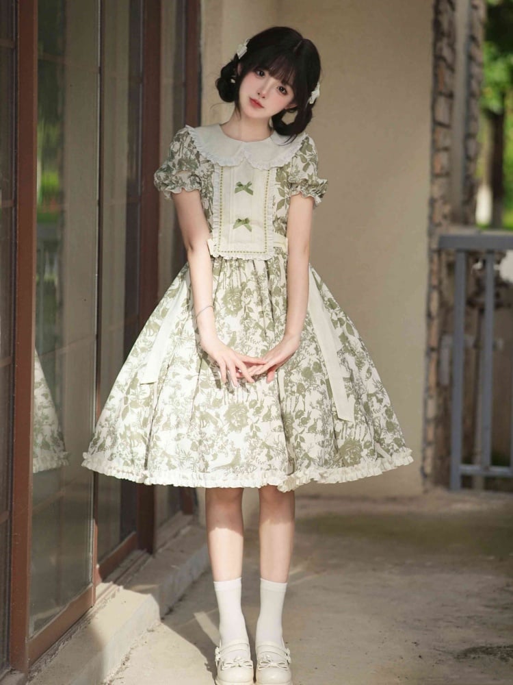 Summer Green Forest Print Beige Peter Pan Collar One Piece