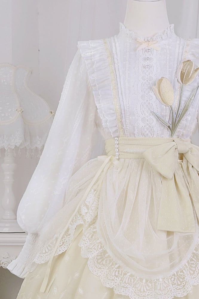 White and Yellow Tulip Embroidery Applique Bodice One Piece