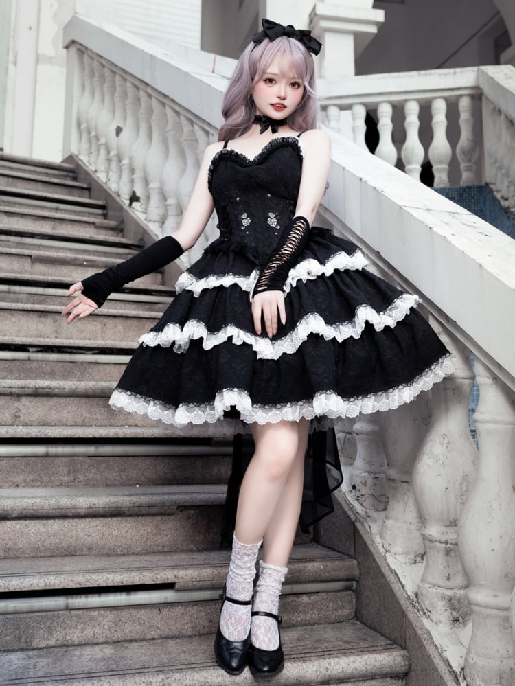 Princess Rosette Embroidery Corset Dress Black and White Jumper Skirt