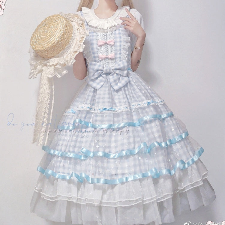 Icing Butterfly Cracker Blue Gingham Tiered Ruffle Hem High Waist Jumper Skirt