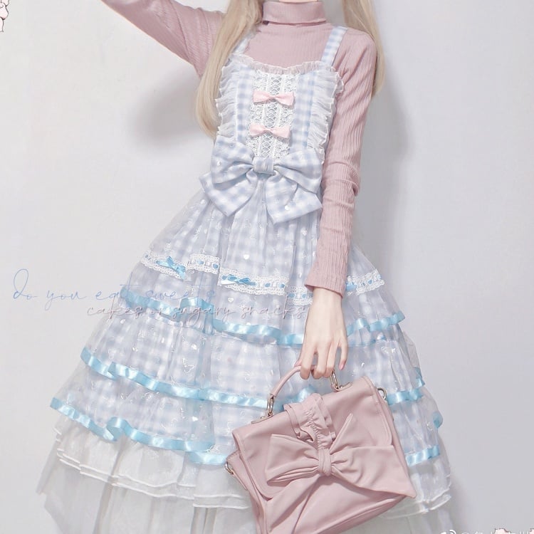 Icing Butterfly Cracker Blue Gingham Tiered Ruffle Hem High Waist Jumper Skirt