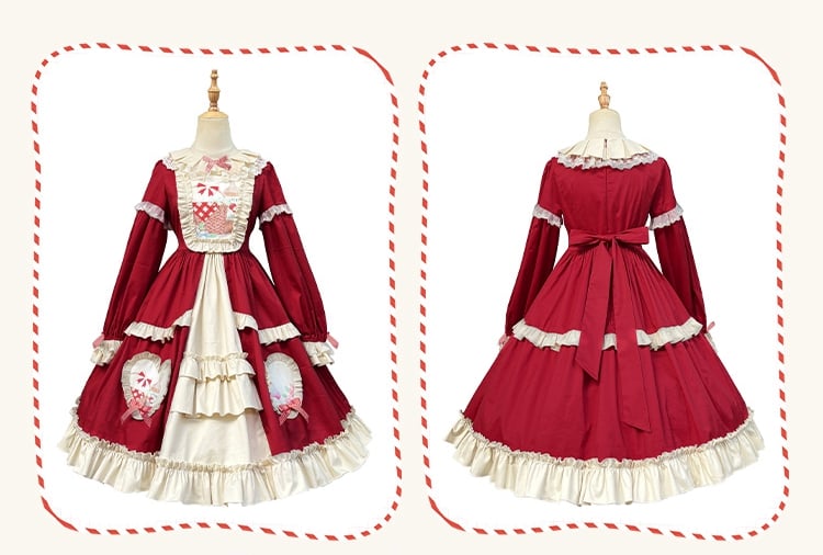 Red Picnic Basket Print Cottagecore Country One Piece - Sukuroi