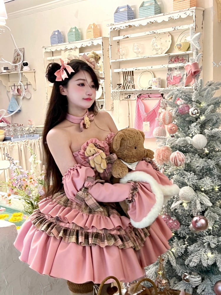 Sweet Bear Theme Pink and Brown Plaid Strapless Dress + Sleeves