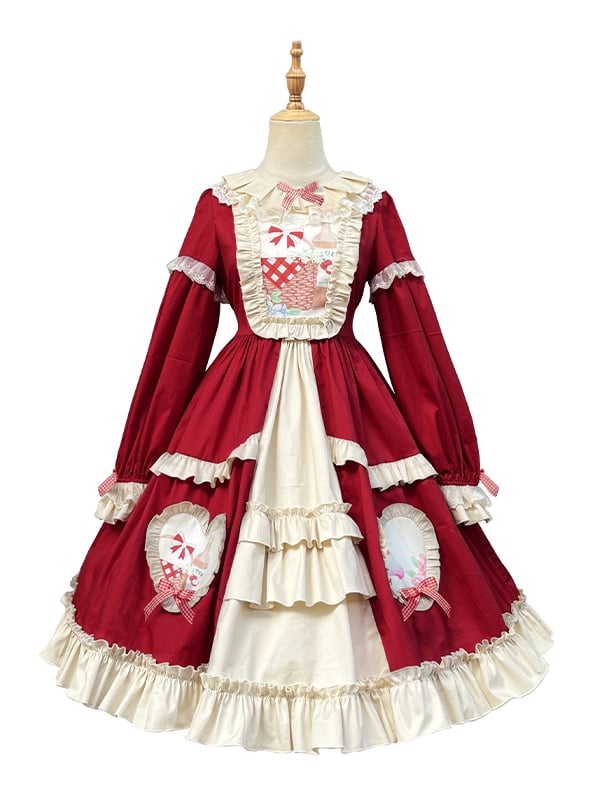Red Picnic Basket Print Cottagecore Country One Piece - Sukuroi