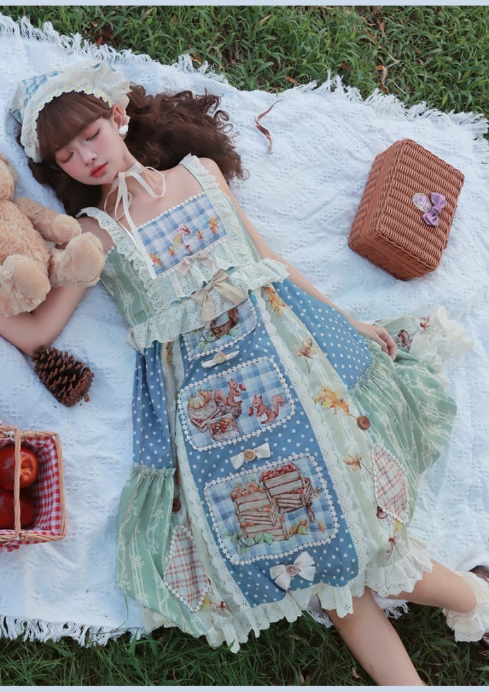 Squirrels Print Patchwork Jumper Skirt Cottagecore Country Dress/Lace Top