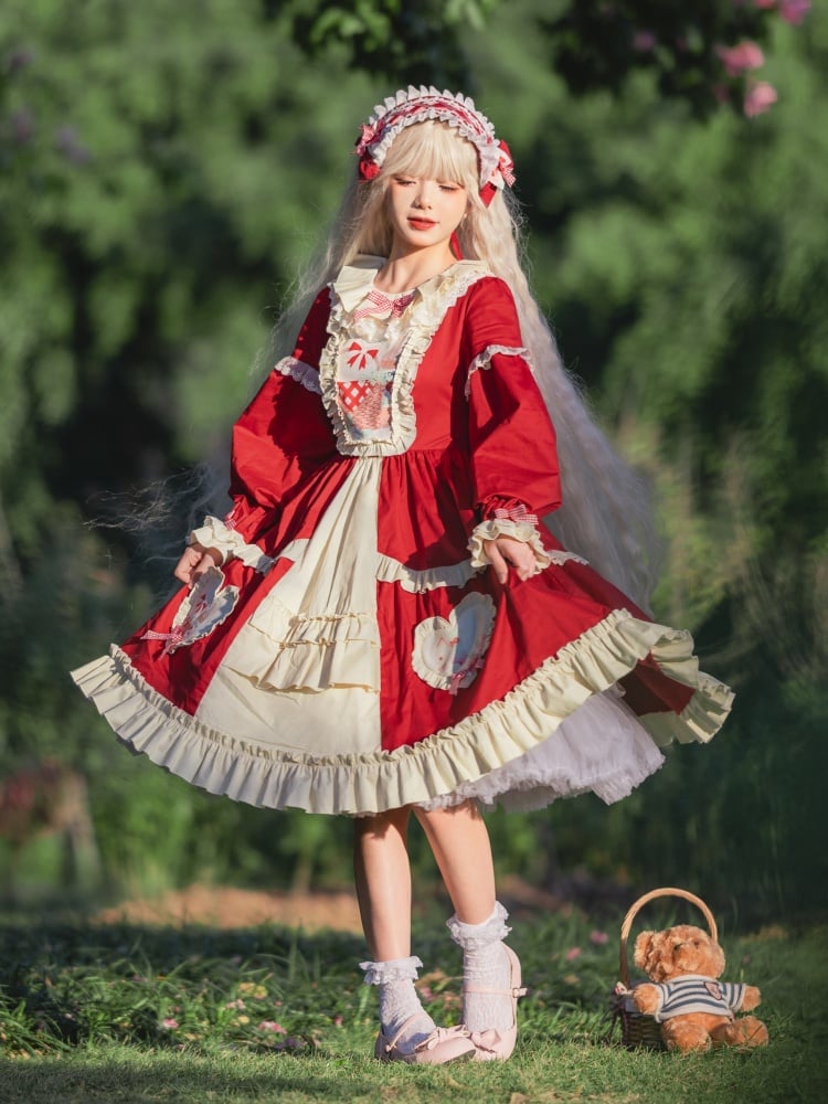Red Picnic Basket Print Cottagecore Country One Piece - Sukuroi