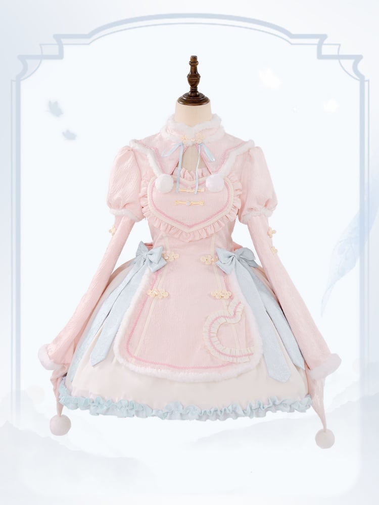 Pink High Waist White Plush Trim Neckline and Cuffs Qi One Piece - Sukuroi