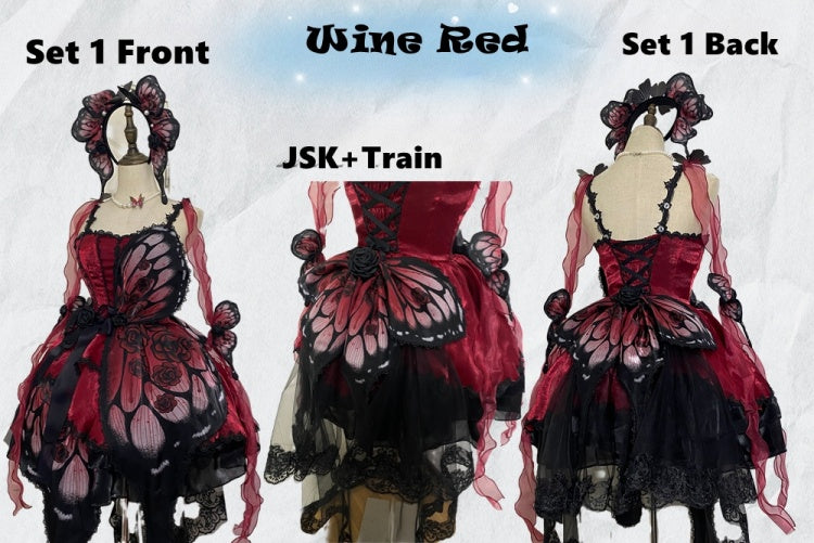 Wine Red Butterfly Jumper Skirt Gothic Princess Dress with Butterfly Train