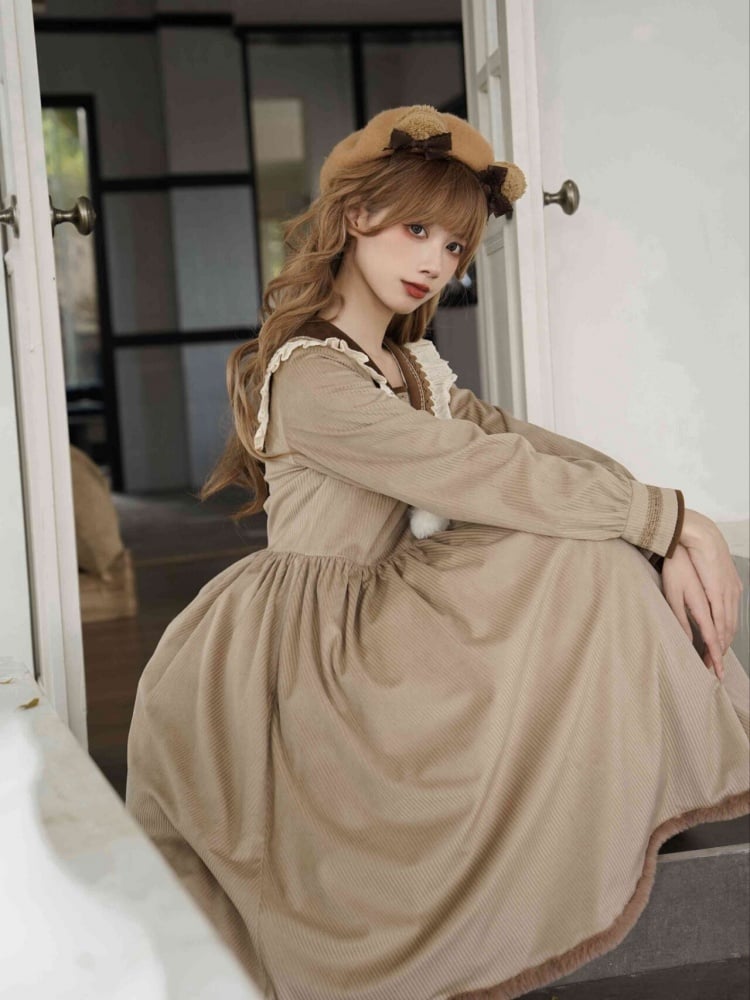 Khaki Sailor Collar Autumn and Winter Dress One Piece