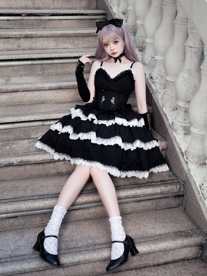Princess Rosette Embroidery Corset Dress Black and White Jumper Skirt