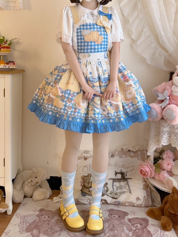 Yellow and Blue Gingham Pattern Sweet Dessert Print Overalls
