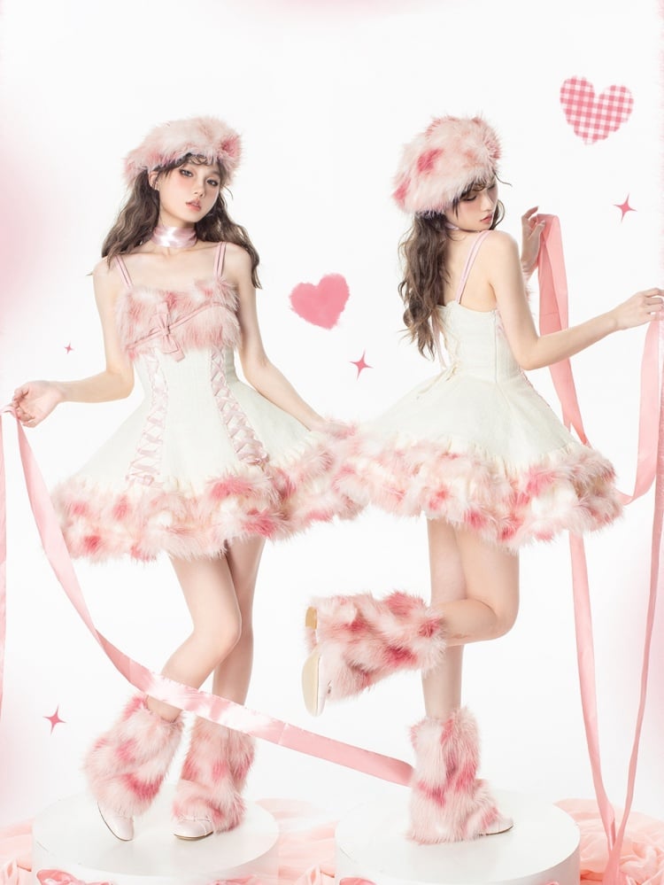 Pink Winter Fluffy Neckline and Hemline Tweed Jumper Skirt - Sukuroi