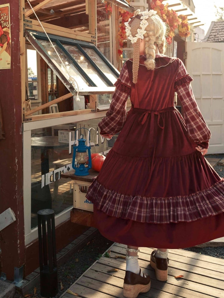 Red Plaid Pattern Christmas Winter Dress Removable Bowknots One Piece