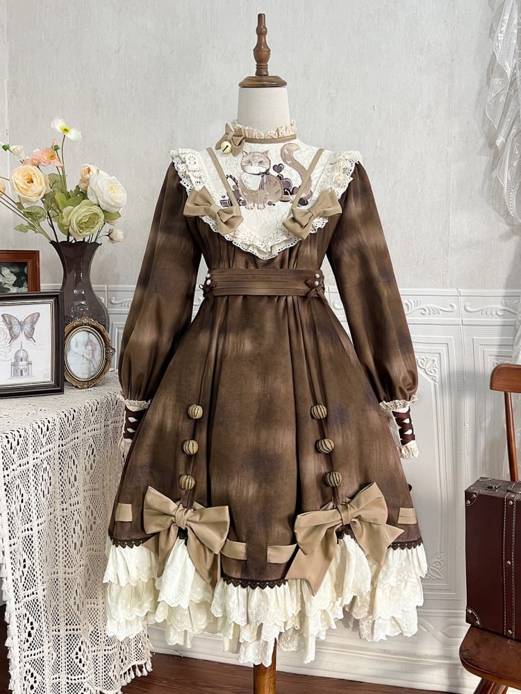 Sweet Kitty Embroidery Brown Ruffle Neckline One Piece - Sukuroi