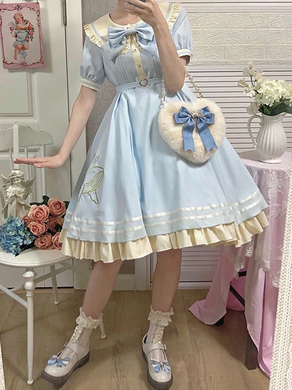 Plus Size Friendly Light Blue Sweet Dress Whale Embroidery Peter Pan Collar One Piece