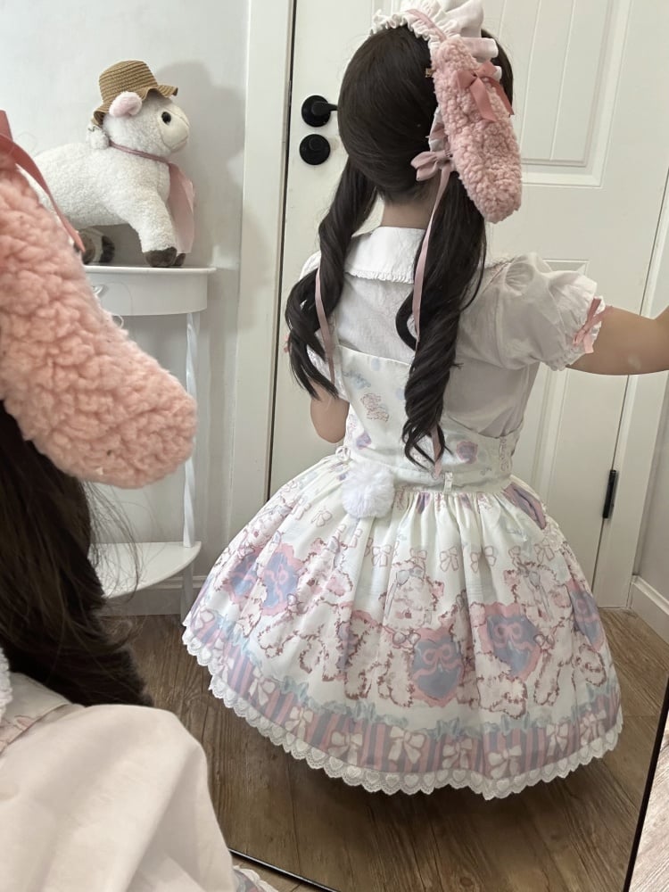 Sweet Lamb and Bowknot Print Pink and Purple Stripes Overalls