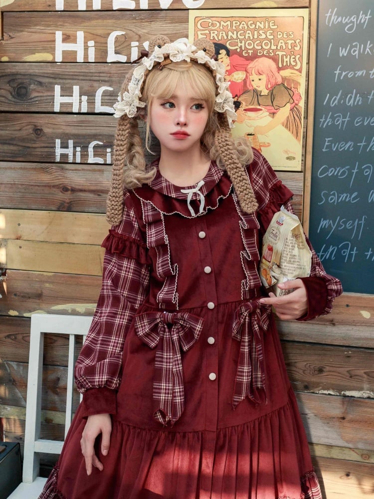 Red Plaid Pattern Christmas Winter Dress Removable Bowknots One Piece