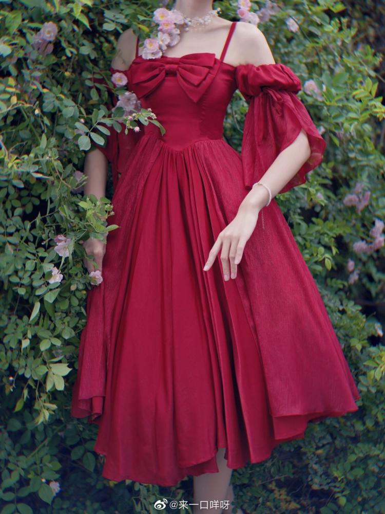 Morning Dew Red Off-the-shoulder Neckline Short Sleeves Elegant Lolita Dress OP
