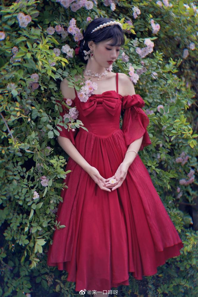 Morning Dew Red Off-the-shoulder Neckline Short Sleeves Elegant Lolita Dress OP