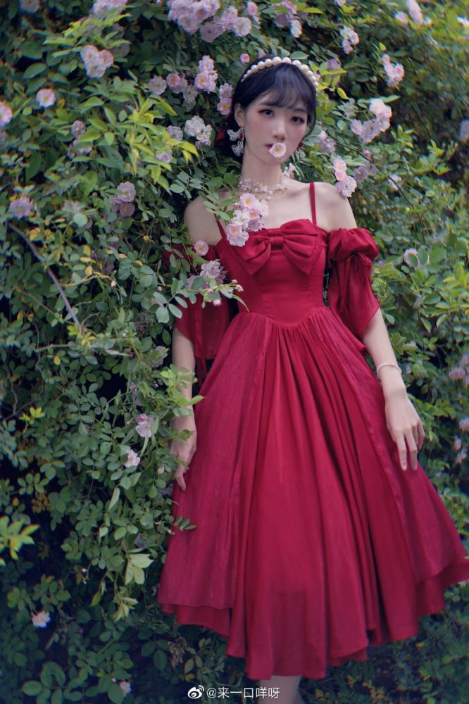 Morning Dew Red Off-the-shoulder Neckline Short Sleeves Elegant Lolita Dress OP
