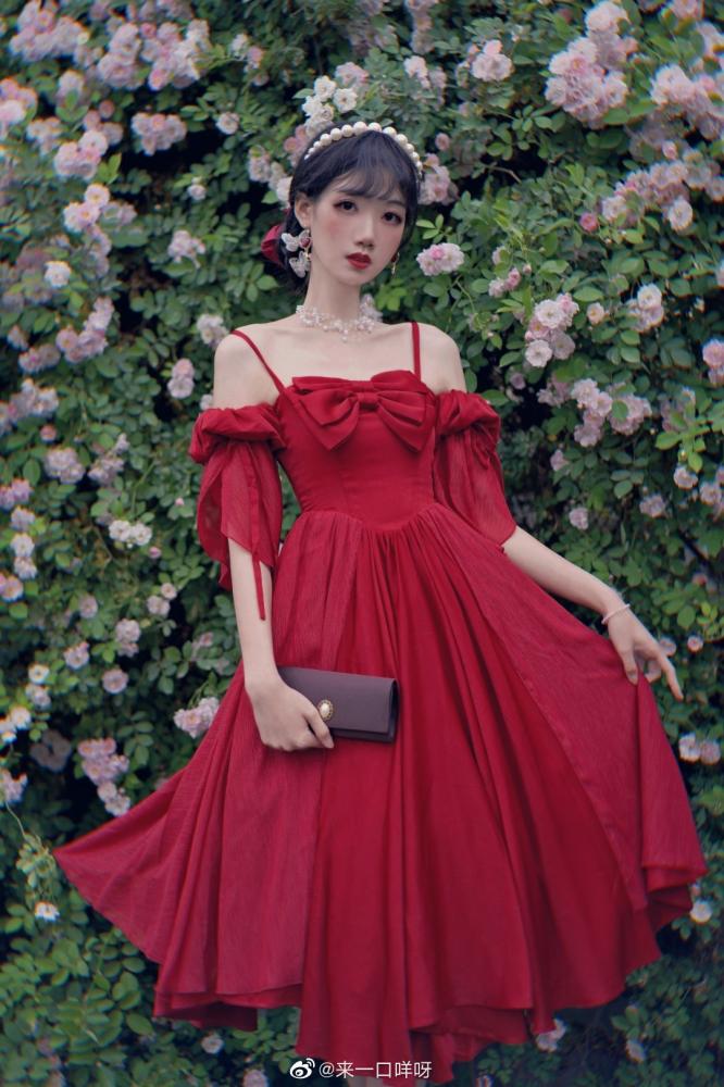 Morning Dew Red Off-the-shoulder Neckline Short Sleeves Elegant Lolita Dress OP