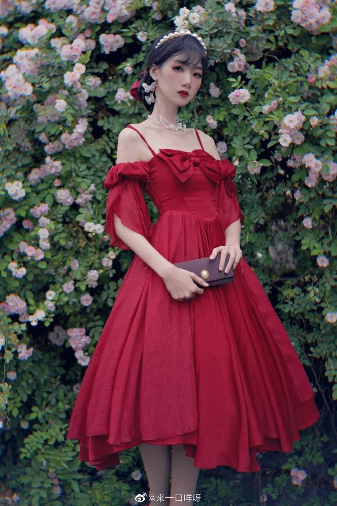 Morning Dew Red Off-the-shoulder Neckline Short Sleeves Elegant Lolita Dress OP