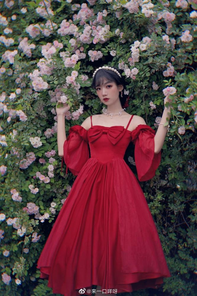 Morning Dew Red Off-the-shoulder Neckline Short Sleeves Elegant Lolita Dress OP