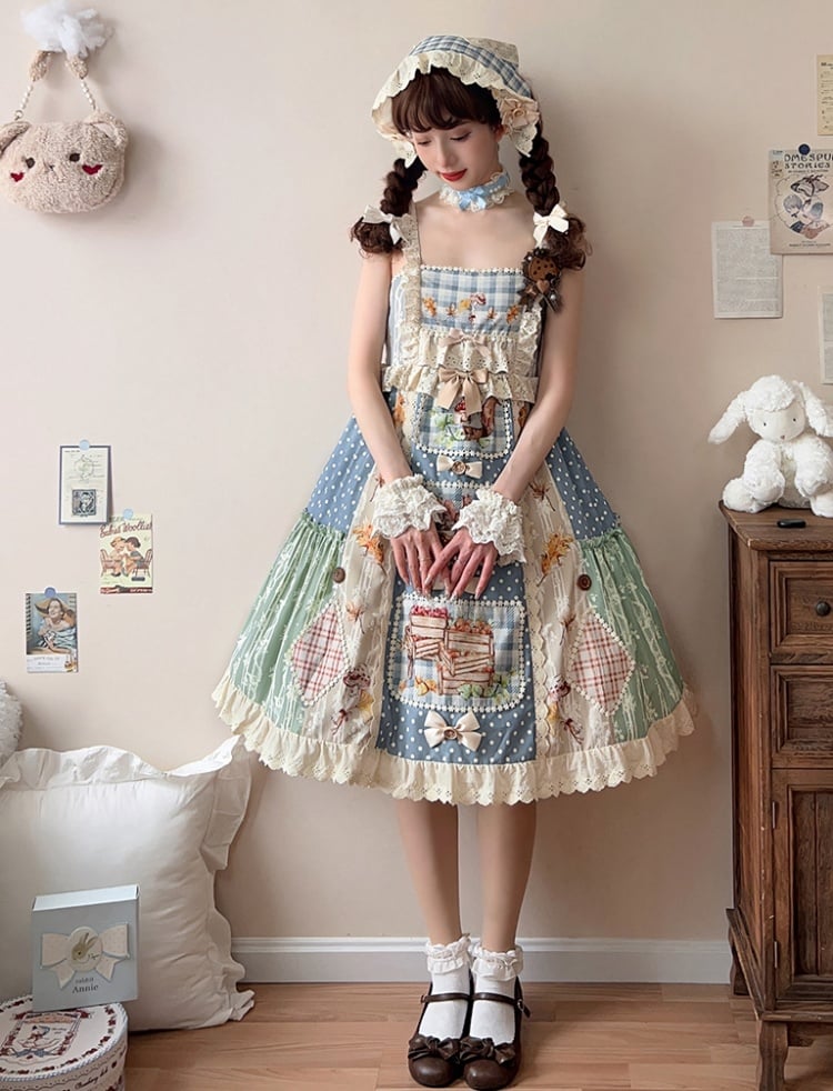 Squirrels Print Patchwork Jumper Skirt Cottagecore Country Dress/Lace Top