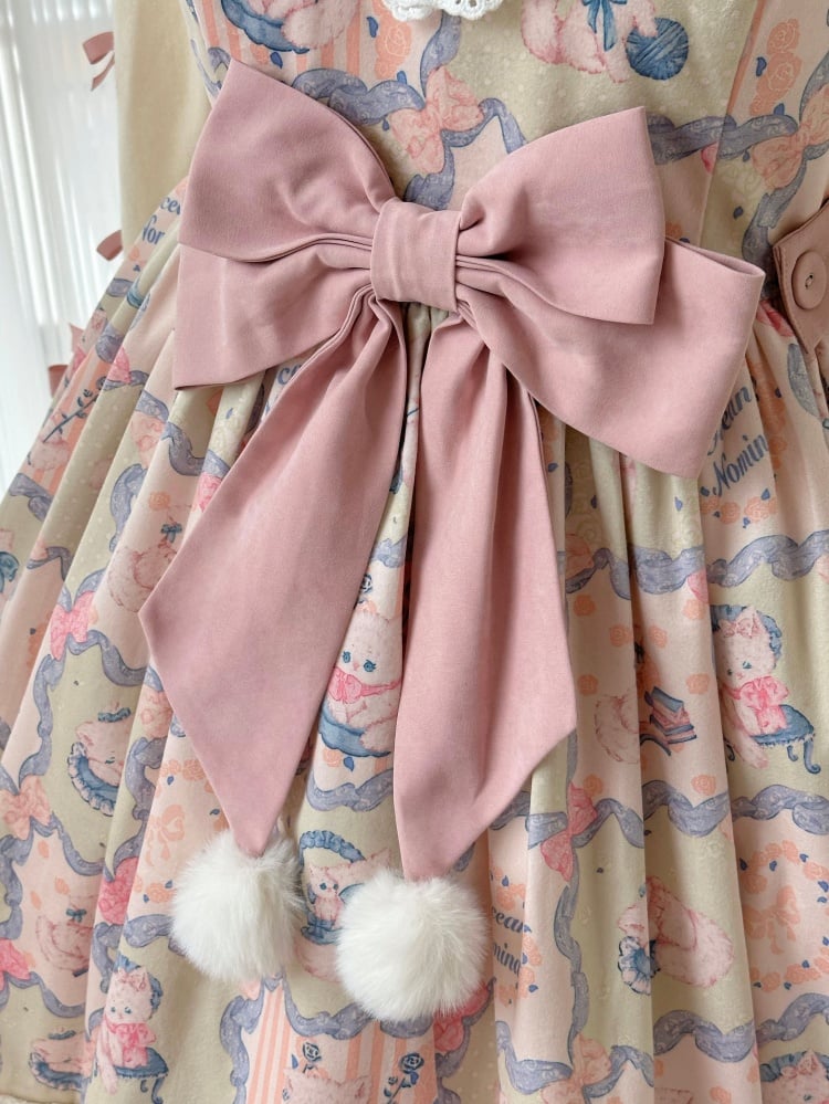 Kitty Print Sweet Pink and Green Winter Jumper Skirt - Sukuroi