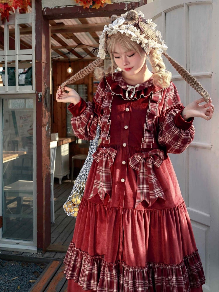 Red Plaid Pattern Christmas Winter Dress Removable Bowknots One Piece
