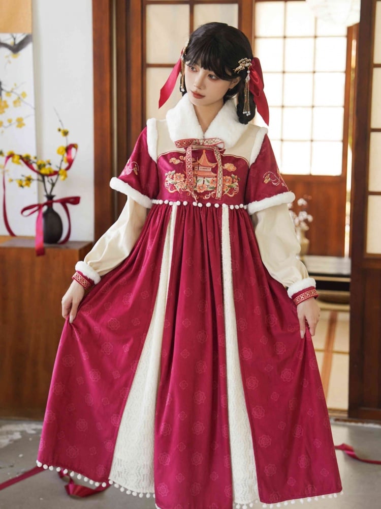 Red Embroidery Details Bodice Served Ru Long Sleeves Han Dress - Sukuroi
