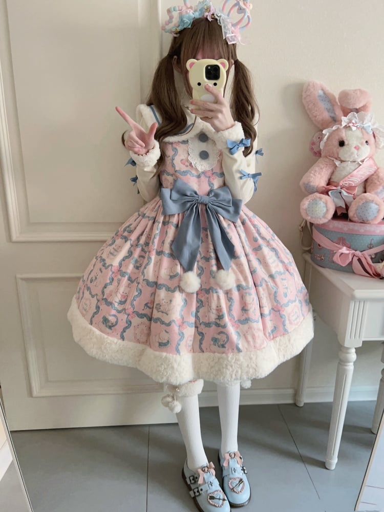 Kitty Embroidery Collar Sweet Pink and Blue Winter Jumper Skirt - Sukuroi