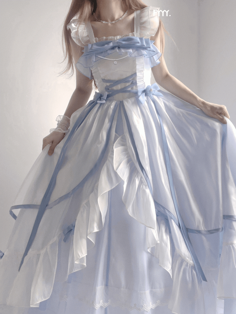 White and Blue Elegant Princess Dress Flutter Sleeves Gorgeous Jumper Skirt