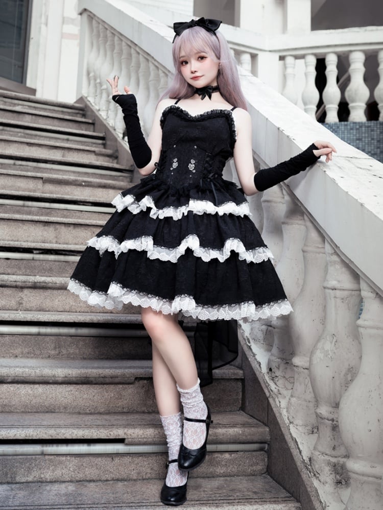 Princess Rosette Embroidery Corset Dress Black and White Jumper Skirt