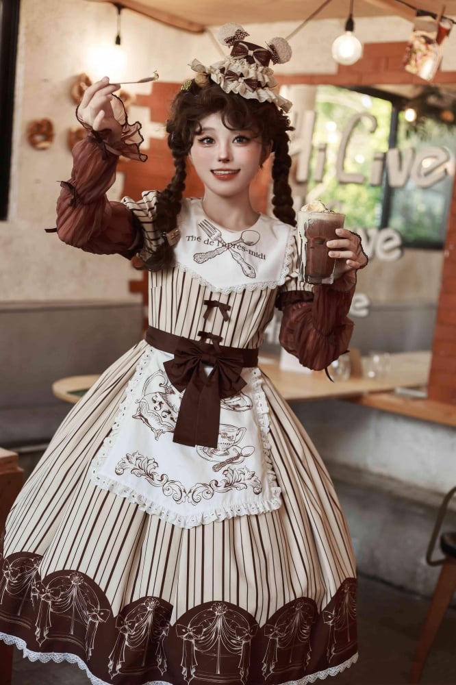 Stripe Pattern Tea Cup Print Apron One Piece Apricot and Coffee