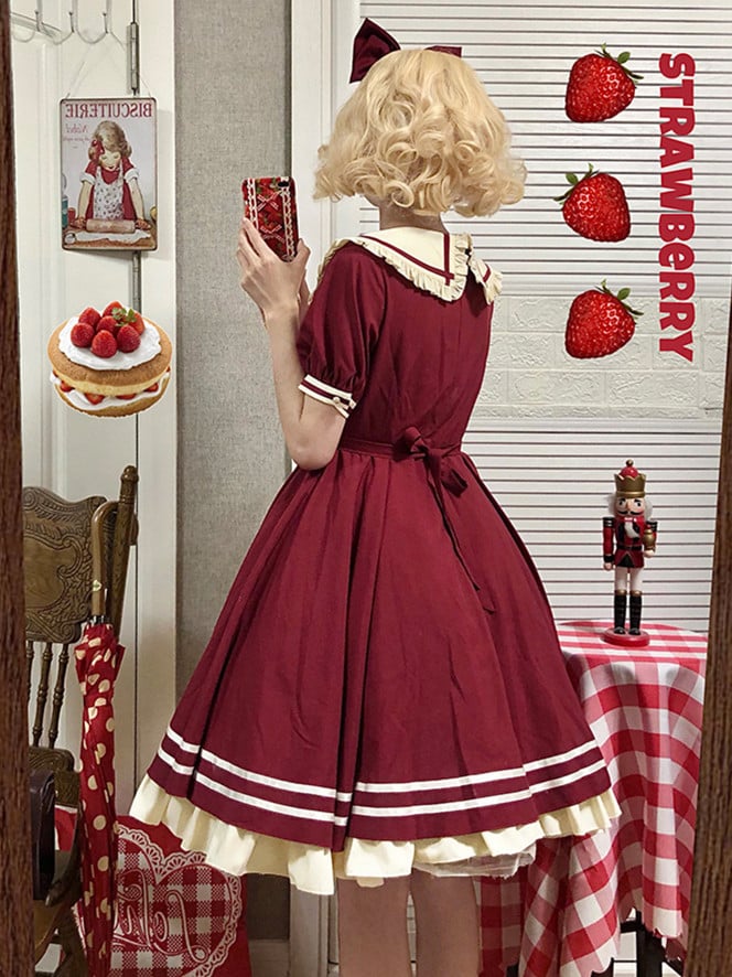 Plus Size Friendly Wine Red Sweet Dress Whale Embroidery Peter Pan Collar One Piece