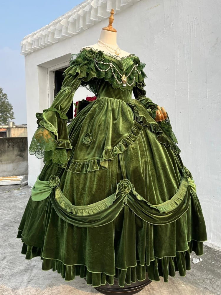 Vintage Green Classic Velvet Dress Roses and Bead Chain Princess One Piece - Sukuroi