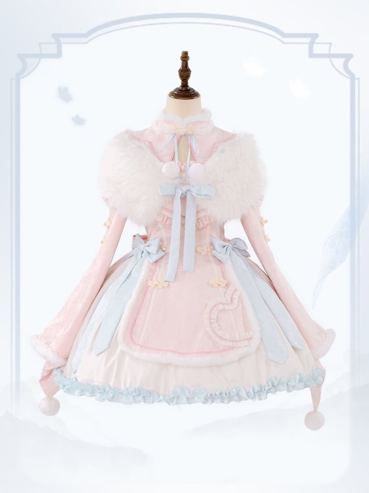 Pink High Waist White Plush Trim Neckline and Cuffs Qi One Piece - Sukuroi