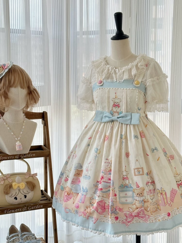 Sweet Teddy and Dessert Print High Waist Jumper Skirt