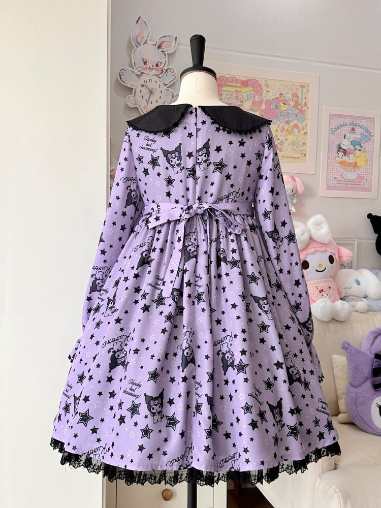 Kuromi and Stars Print Sweet Dress Black and Purple Peter Pan Collar One Piece