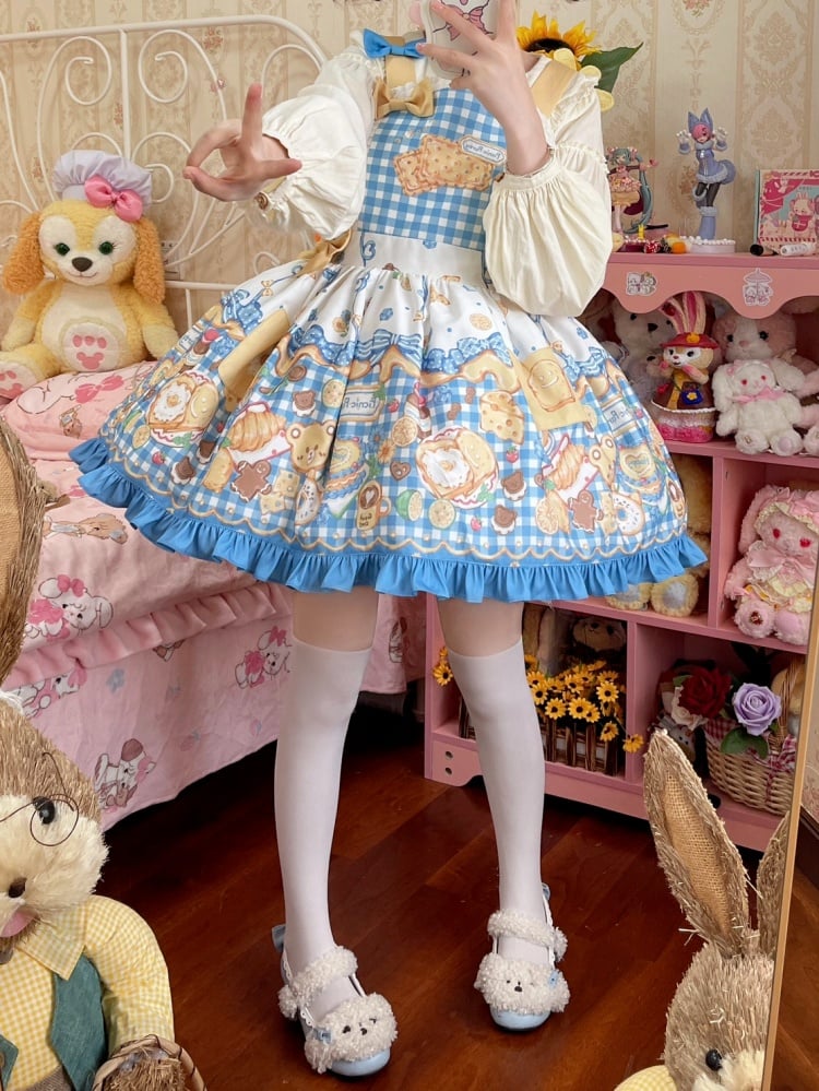 Yellow and Blue Gingham Pattern Sweet Dessert Print Overalls