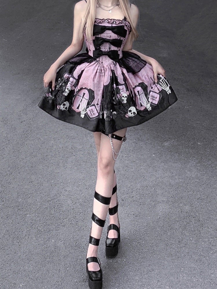 Skull and Coffin Print Boned Basque Waist Jumper Skirt Pink and Black