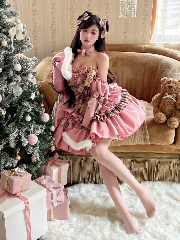 Sweet Bear Theme Pink and Brown Plaid Strapless Dress + Sleeves