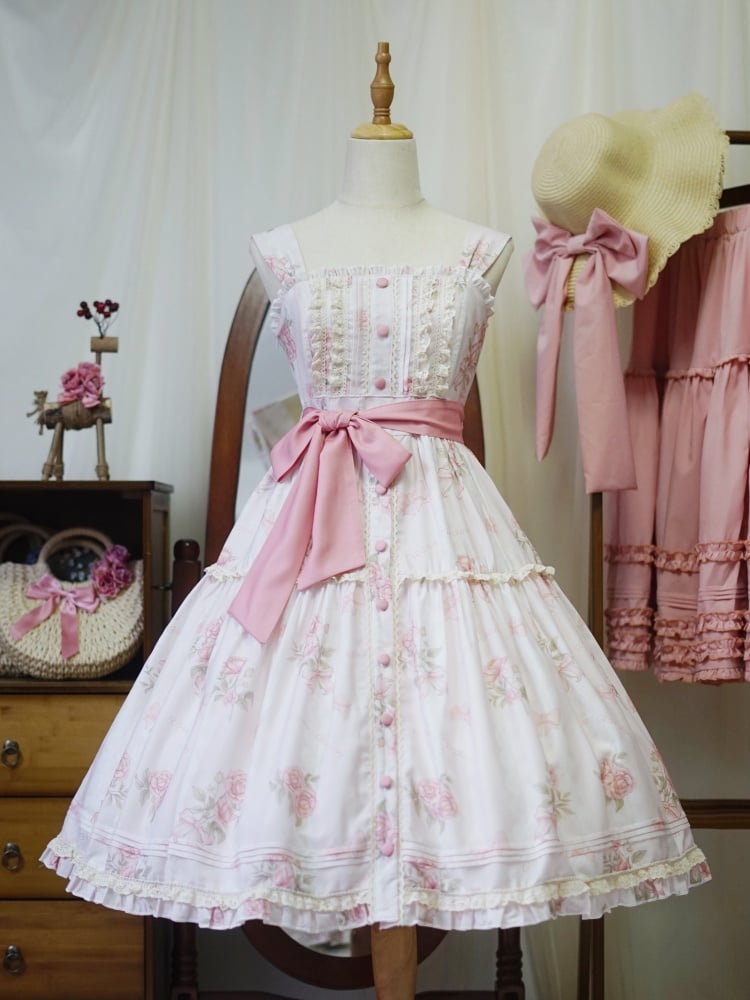 Pink Floral Print Front Button Placket Hem Jumper Skirt - Sukuroi