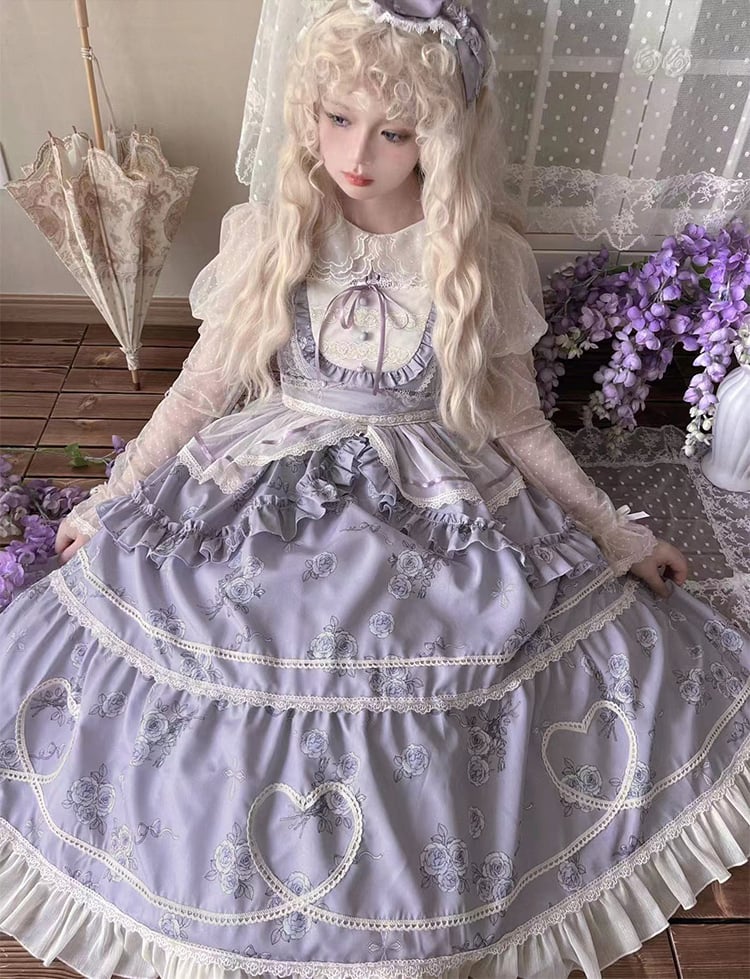 Purple Elegant Floral Dress Rosette Print Jumper Skirt - Sukuroi