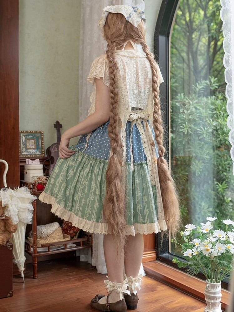Squirrels Print Patchwork Jumper Skirt Cottagecore Country Dress/Lace Top