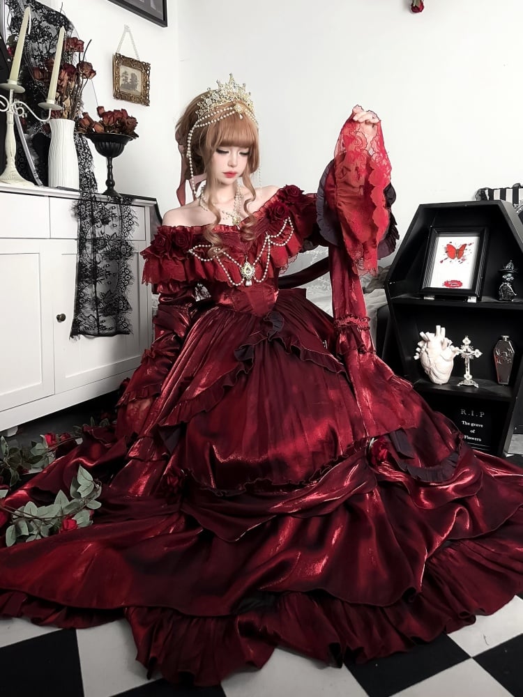 Vintage Gorgeous Red Dress Roses and Bead Chain Princess One Piece - Sukuroi