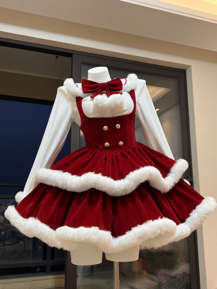Red Christmas and New Year Velvet Overalls with White Plush Trim Sweet Puffy Skirt Dress - Sukuroi